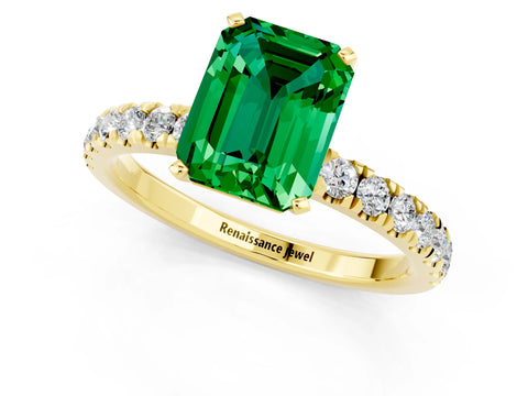Yellow gold Emerald Cut Emerald Solitaire Ring with Pavé Accents and Four-Prong Setting_1