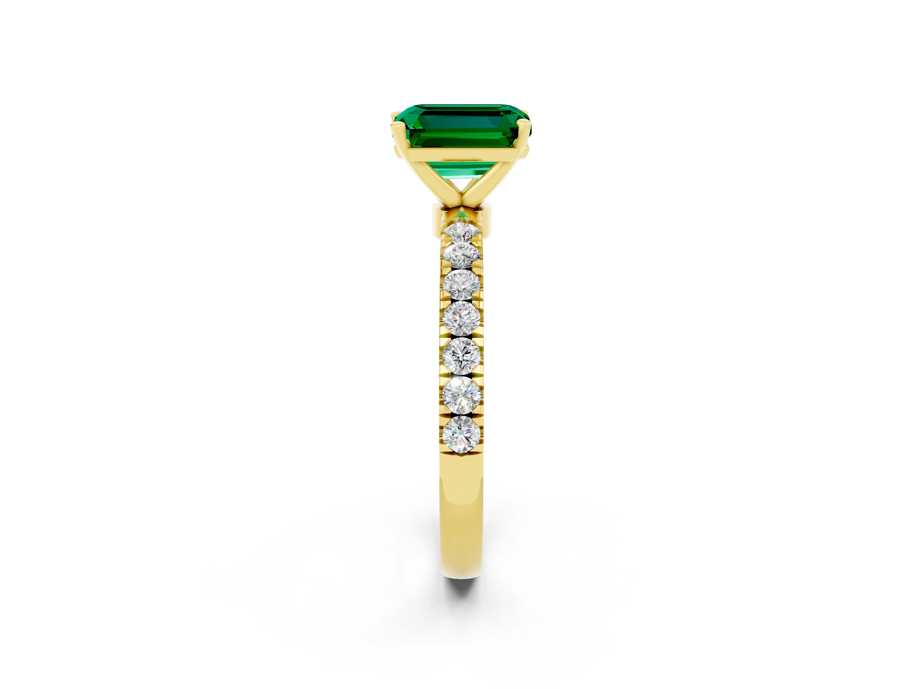 Yellow gold Emerald Cut Emerald Solitaire Ring with Pavé Accents and Four-Prong Setting_2
