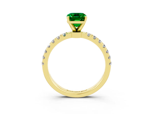 Yellow gold Emerald Cut Emerald Solitaire Ring with Pavé Accents and Four-Prong Setting