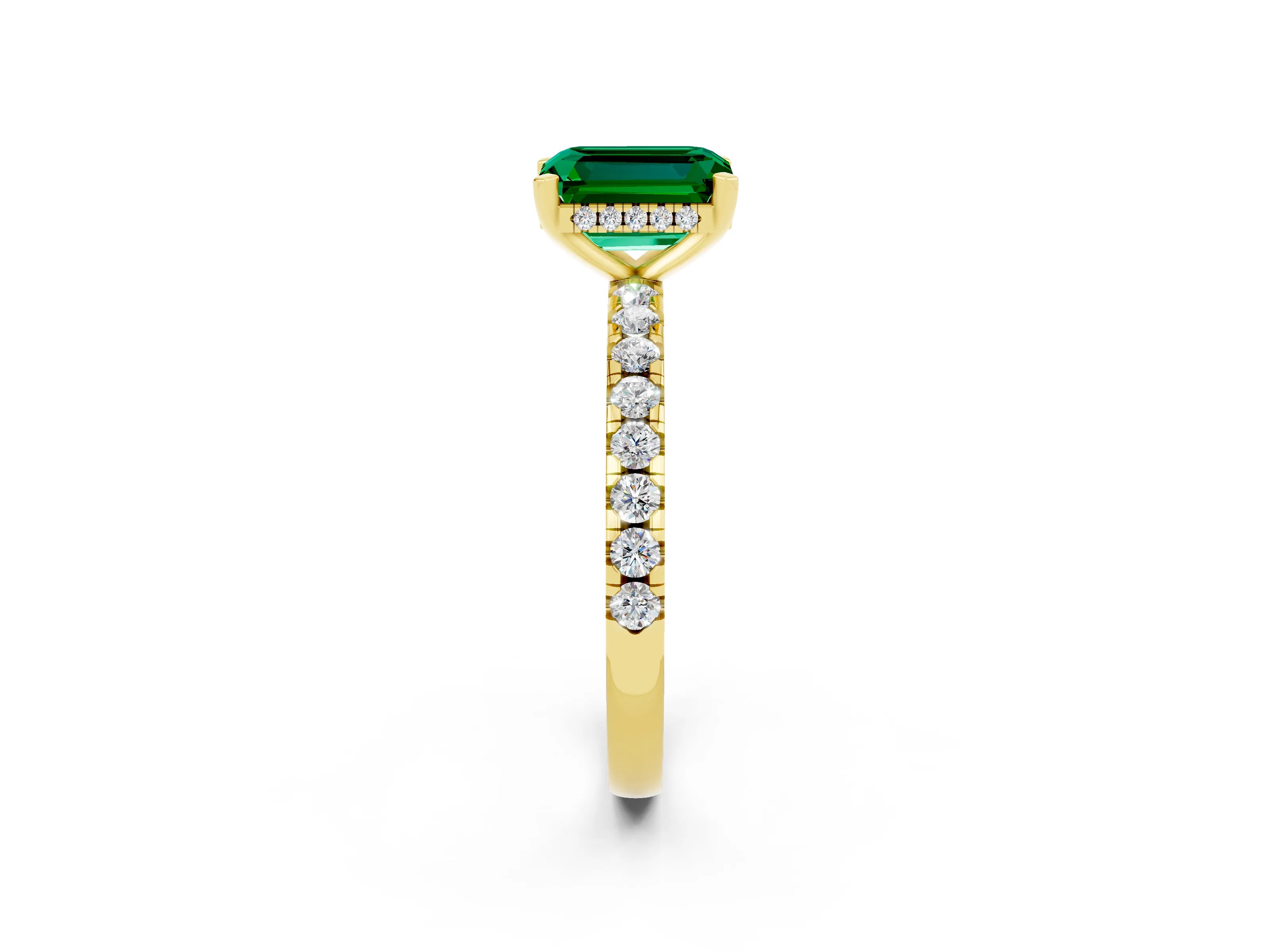 Yellow gold Emerald Cut Emerald Solitaire Ring with Pavé Band and Four-Prong Setting_26
