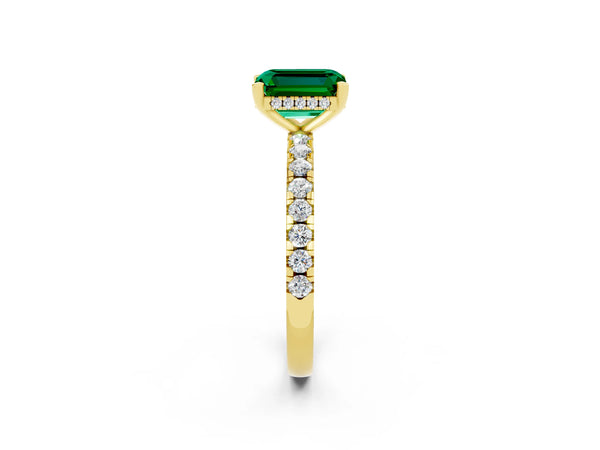 Yellow gold Emerald Cut Emerald Solitaire Ring with Round  Pavé Band and Four-Prong Setting