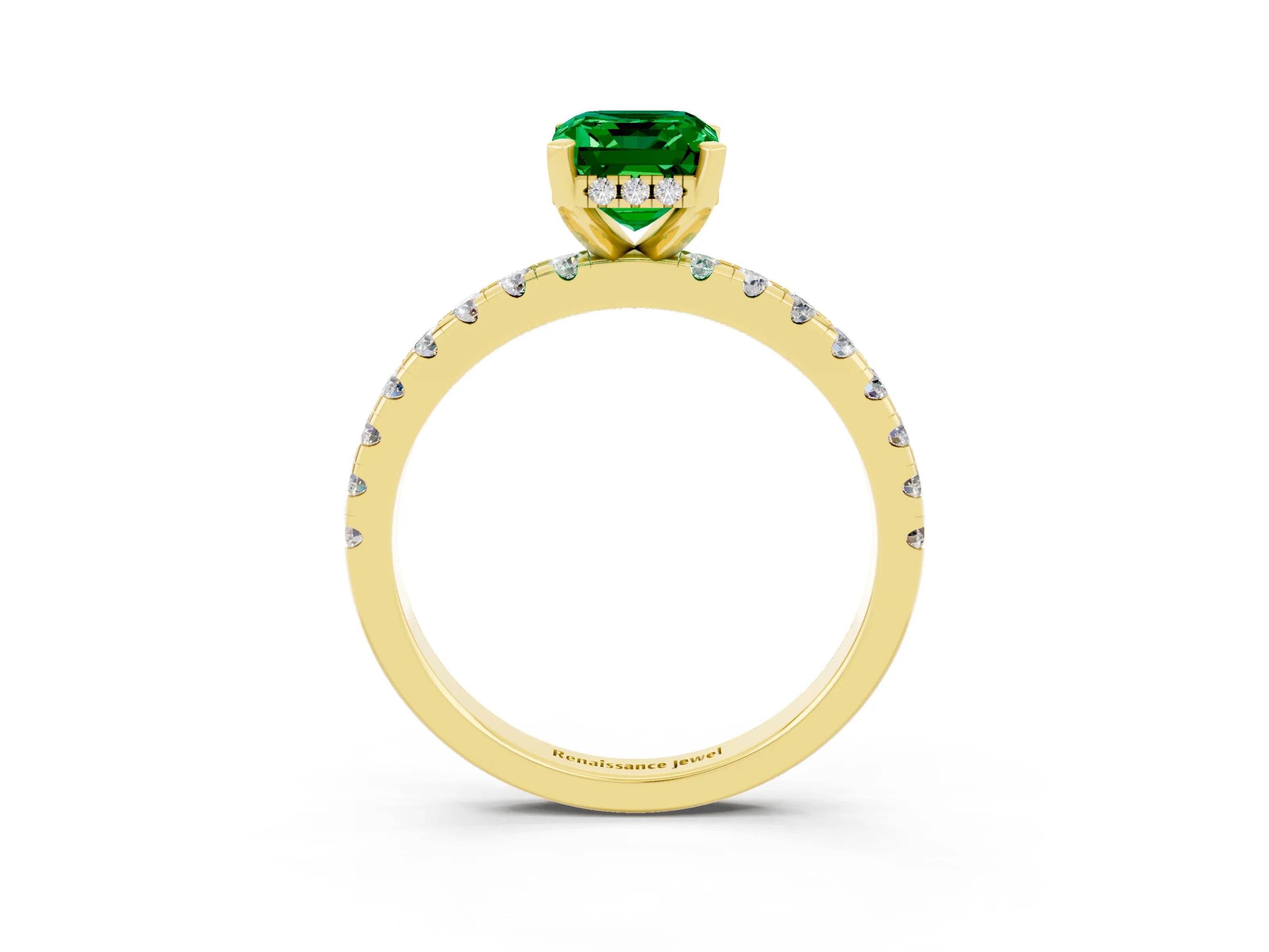 Yellow gold Emerald Cut Emerald Solitaire Ring with Pavé Band and Four-Prong Setting_27