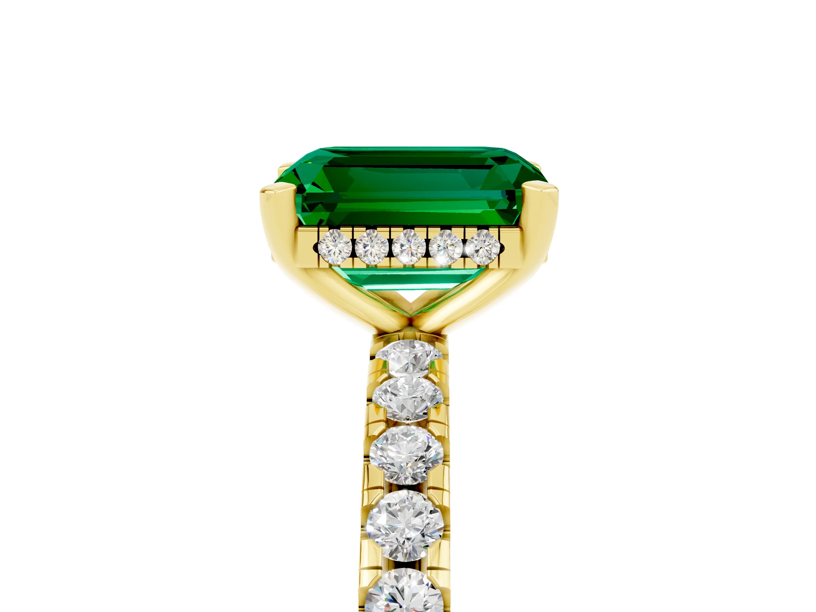 Yellow gold Emerald Cut Emerald Solitaire Ring with Pavé Band and Four-Prong Setting_29