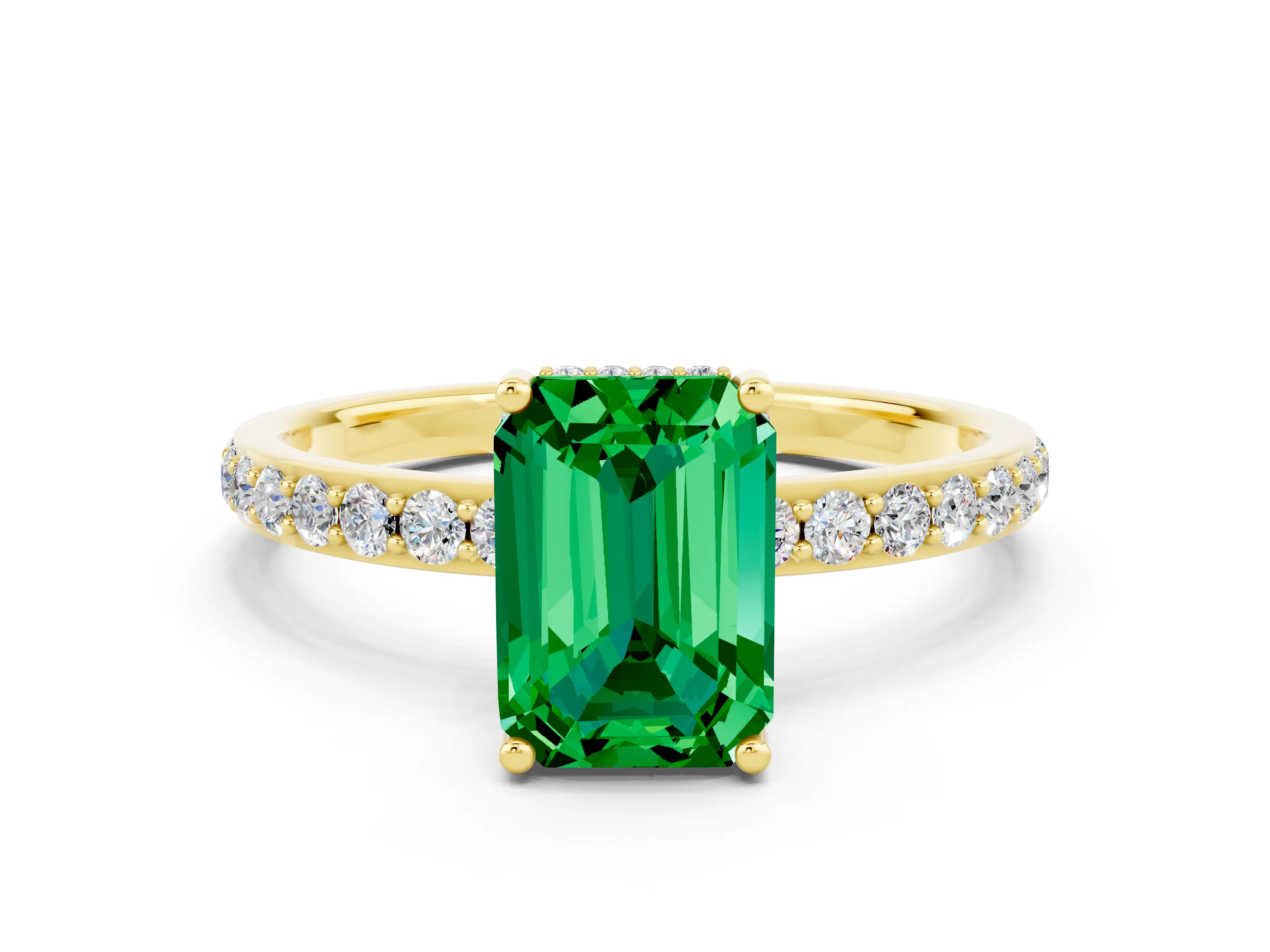 Yellow gold Emerald Cut Emerald Solitaire Ring with Pavé Band and Hidden Halo_12