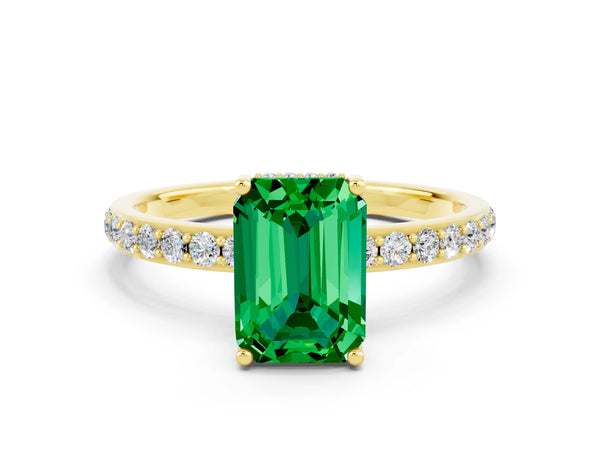 Yellow gold Emerald Cut Emerald Solitaire Ring with Pavé Band and Hidden Halo