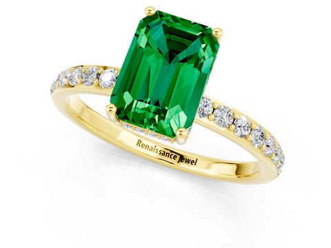 Yellow gold Emerald Cut Emerald Solitaire Ring with Pavé Band and Hidden Halo_13