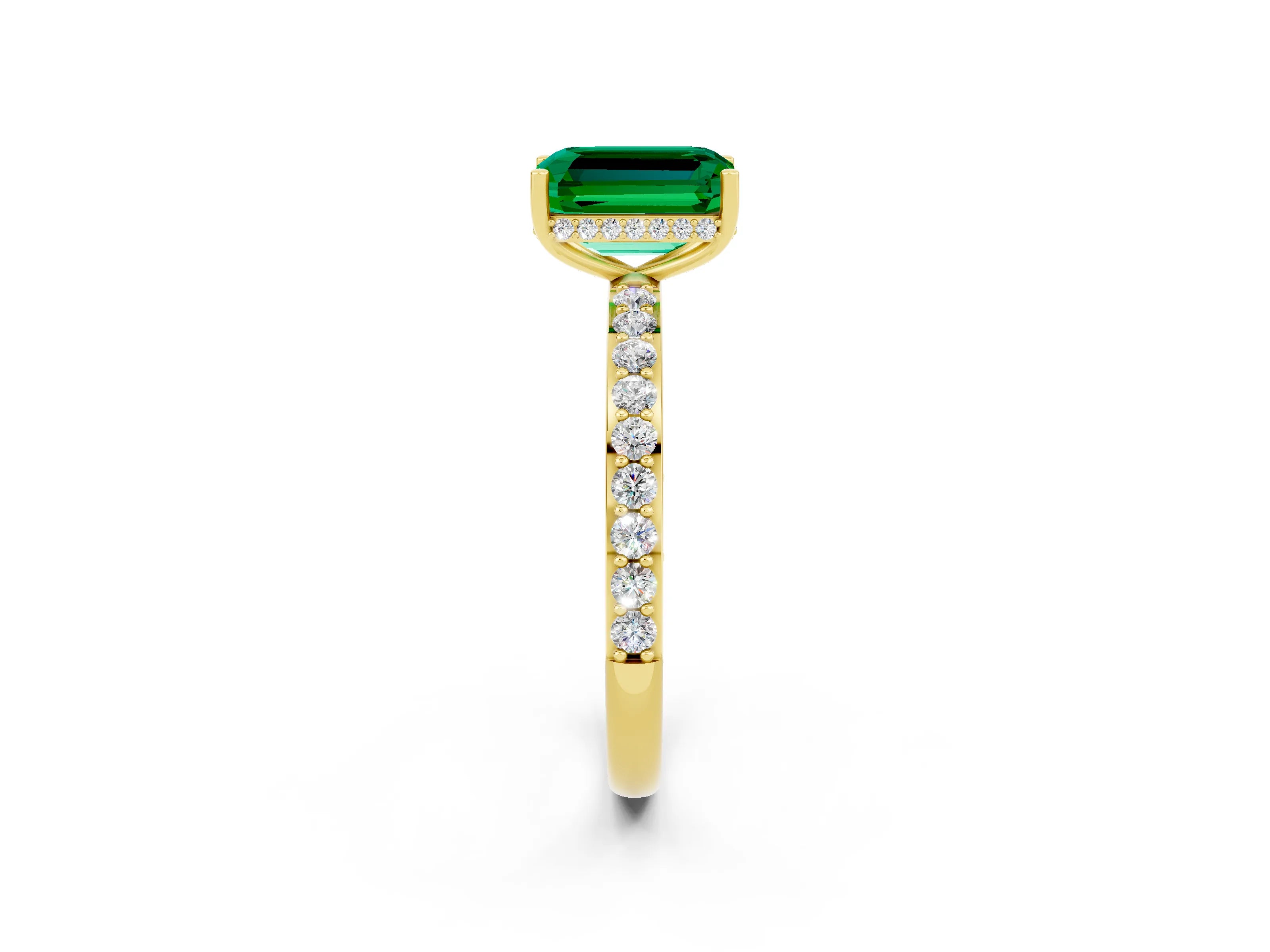 Yellow gold Emerald Cut Emerald Solitaire Ring with Pavé Band and Hidden Halo_14