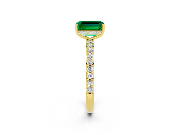 Yellow gold Emerald Cut Emerald Solitaire Ring with Pavé Band and Hidden Halo