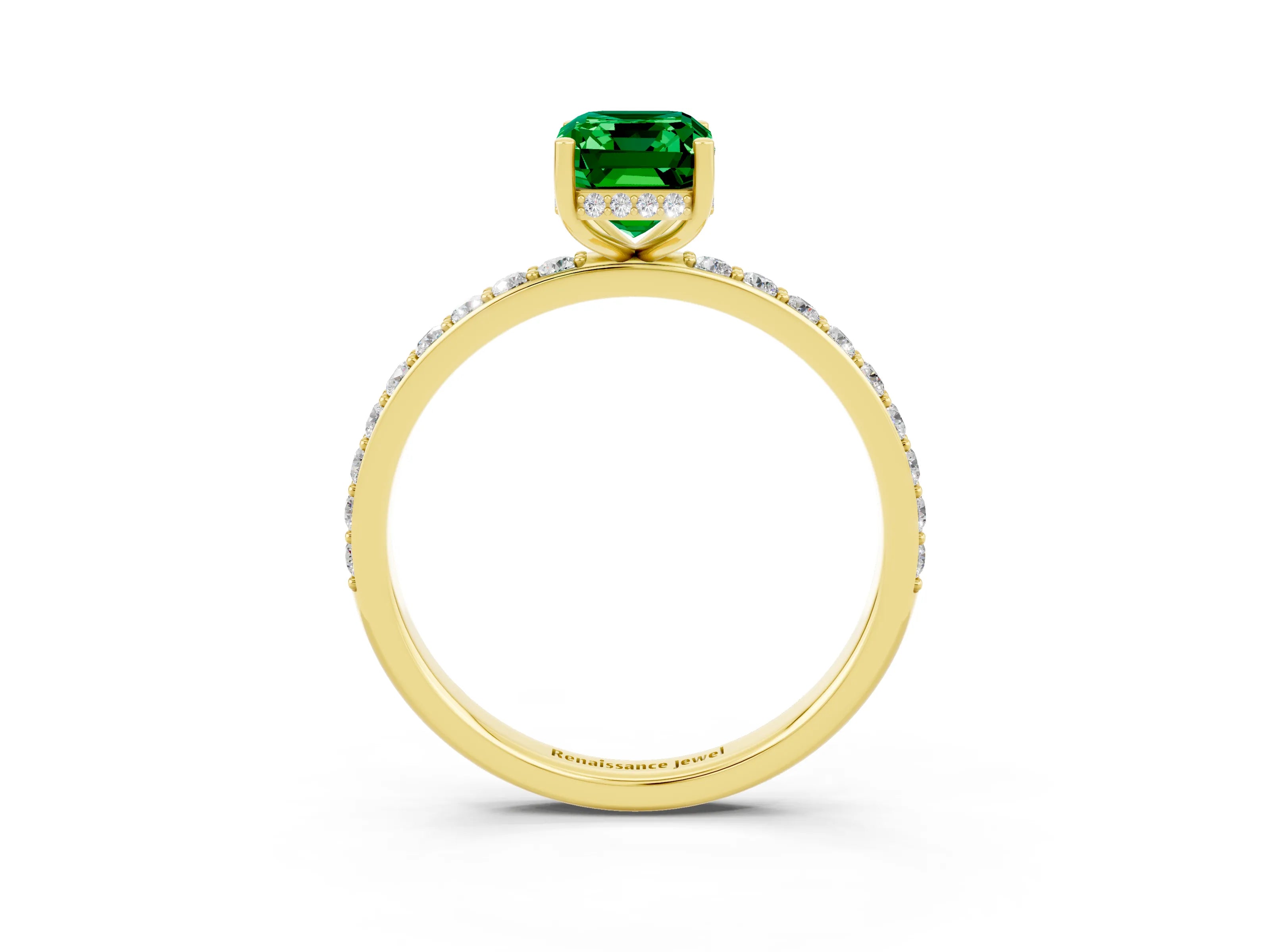 Yellow gold Emerald Cut Emerald Solitaire Ring with Pavé Band and Hidden Halo_15