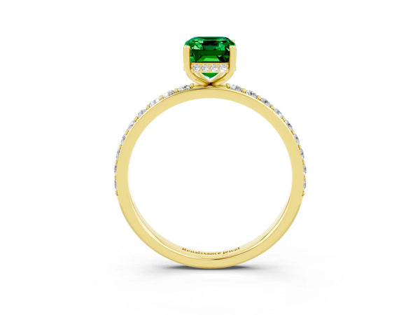 Yellow gold Emerald Cut Emerald Solitaire Ring with Pavé Band and Hidden Halo