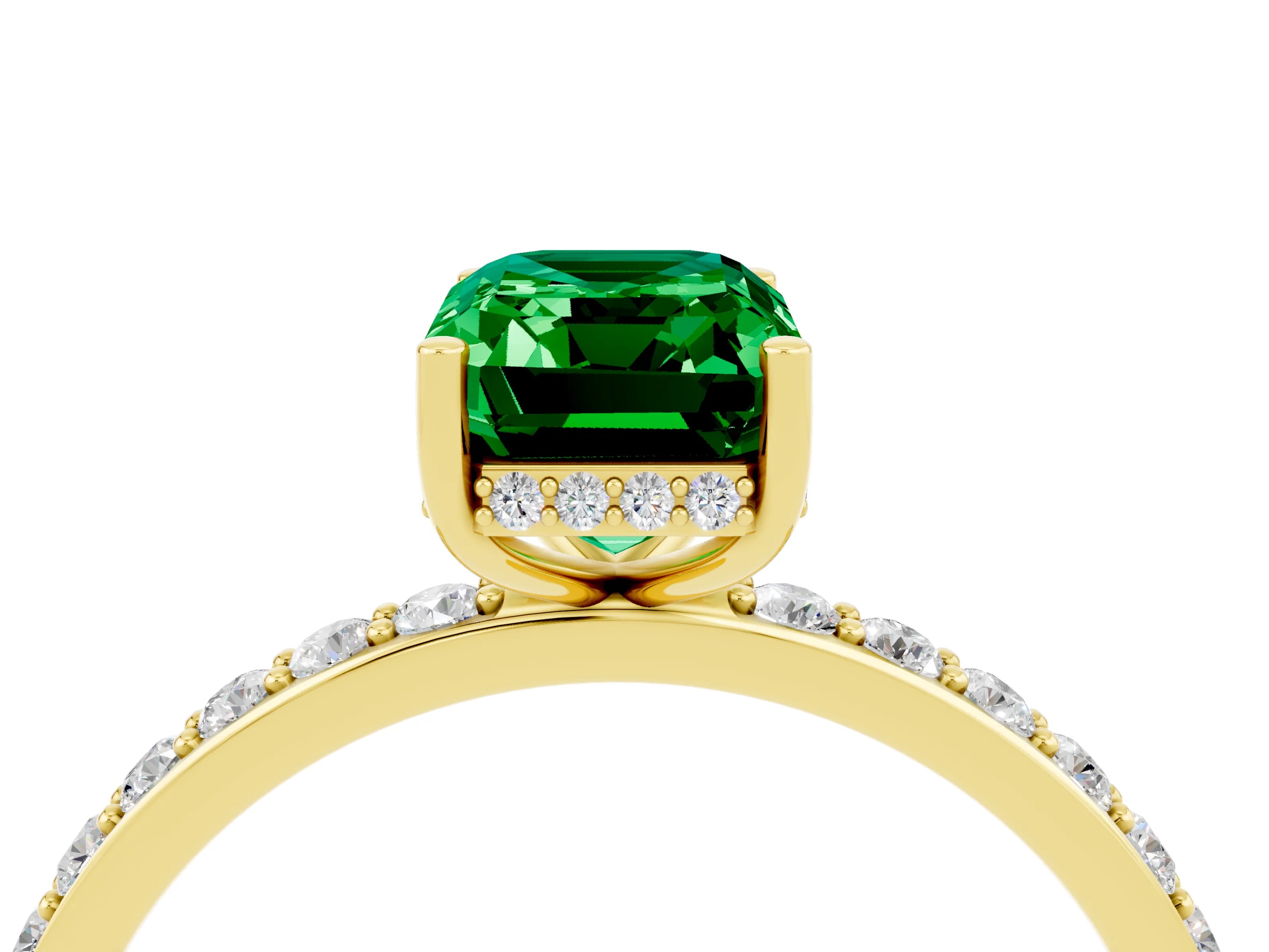 Yellow gold Emerald Cut Emerald Solitaire Ring with Pavé Band and Hidden Halo_16