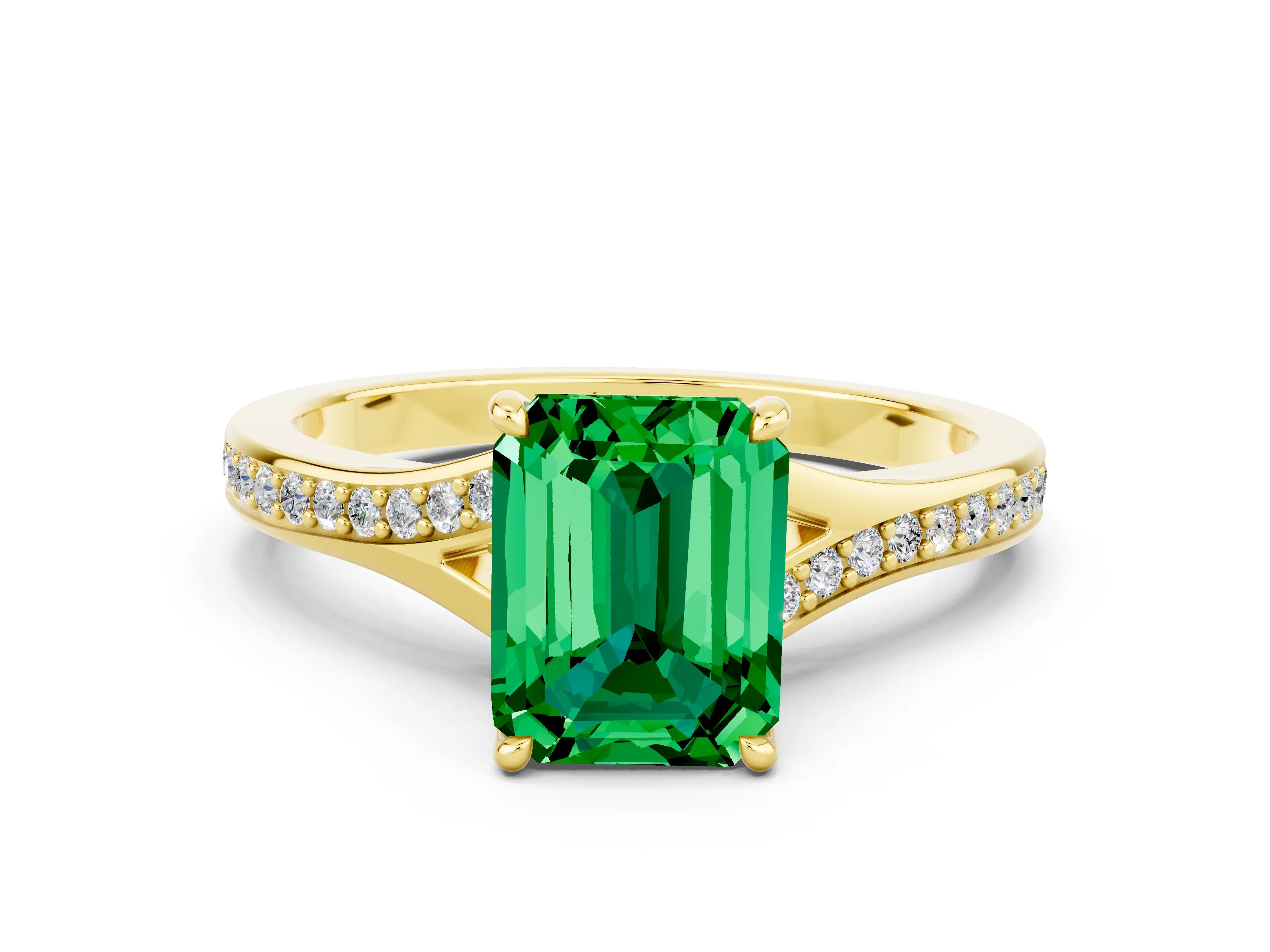 Yellow gold Emerald Cut Emerald Solitaire Ring with Pavé Band and Prong Setting_24