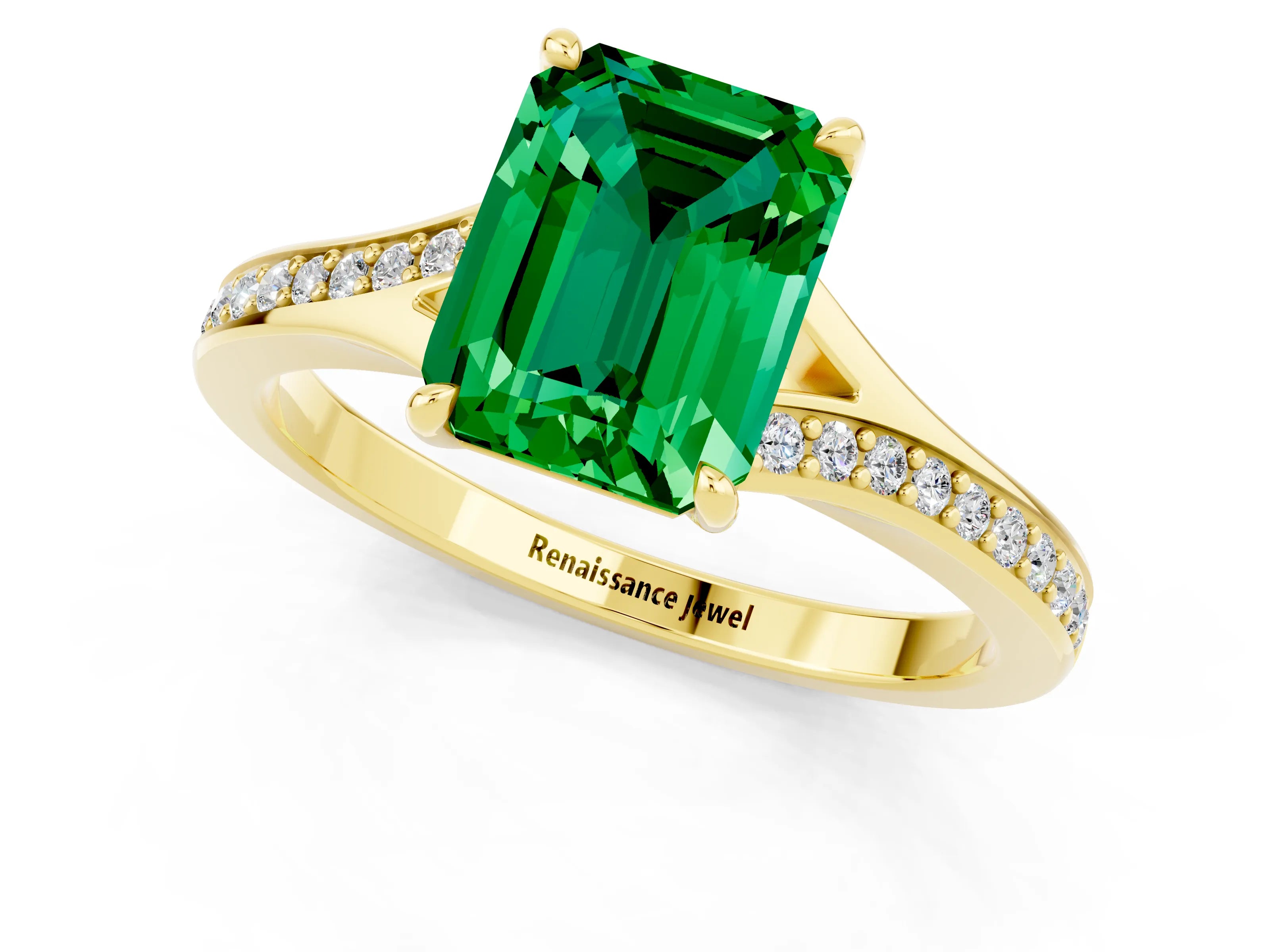 Yellow gold Emerald Cut Emerald Solitaire Ring with Pavé Band and Prong Setting_25