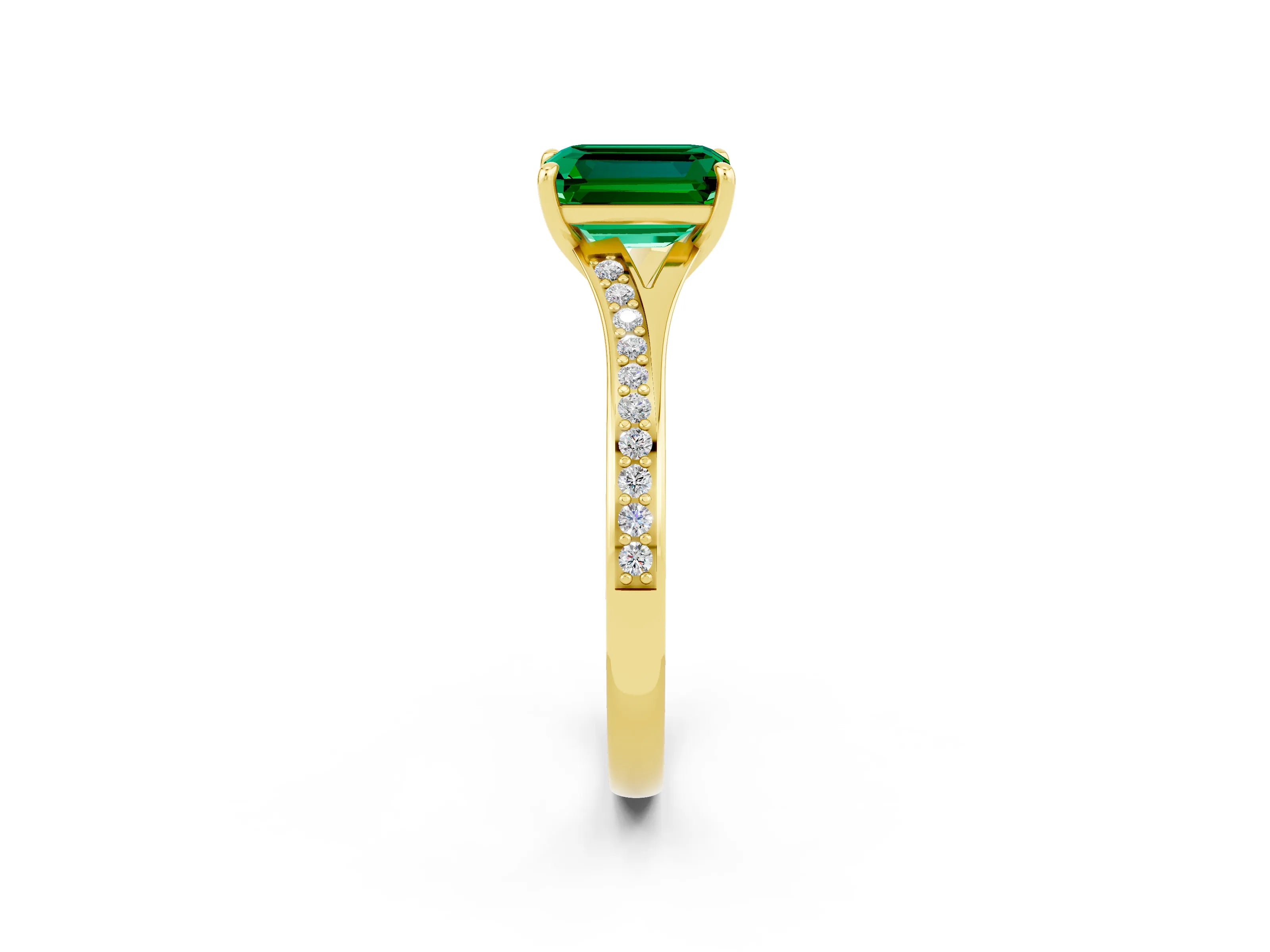 Yellow gold Emerald Cut Emerald Solitaire Ring with Pavé Band and Prong Setting_26