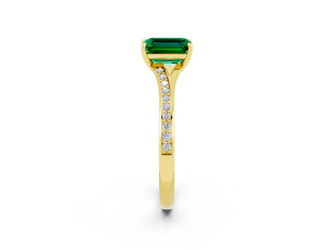 Yellow gold Emerald Cut Emerald Solitaire Ring with Pavé Band and Prong Setting_26