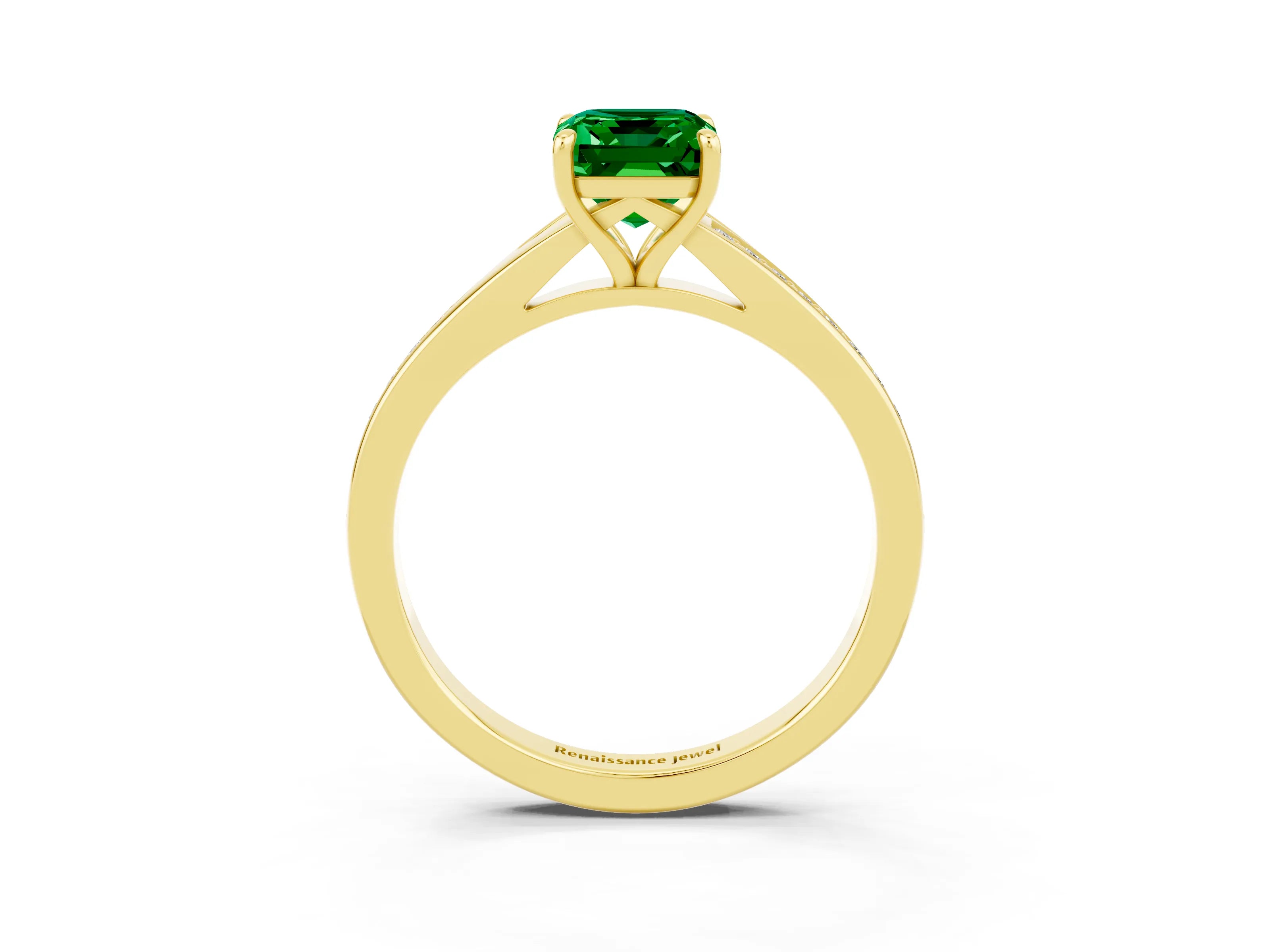 Yellow gold Emerald Cut Emerald Solitaire Ring with Pavé Band and Prong Setting_27