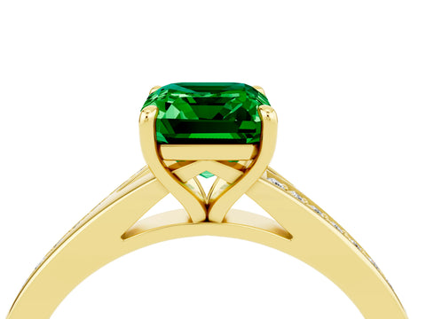 Yellow gold Emerald Cut Emerald Solitaire Ring with Pavé Band and Prong Setting_28