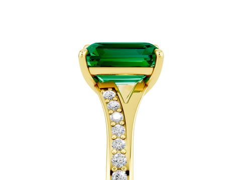 Yellow gold Emerald Cut Emerald Solitaire Ring with Pavé Band and Prong Setting_29