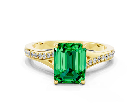 Yellow gold Emerald Cut Emerald Solitaire Ring with Pavé Band and Prong Setting