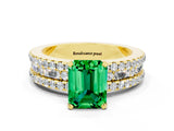 Yellow gold Emerald Cut Emerald Solitaire Ring with Pavé and Channel Set Band
