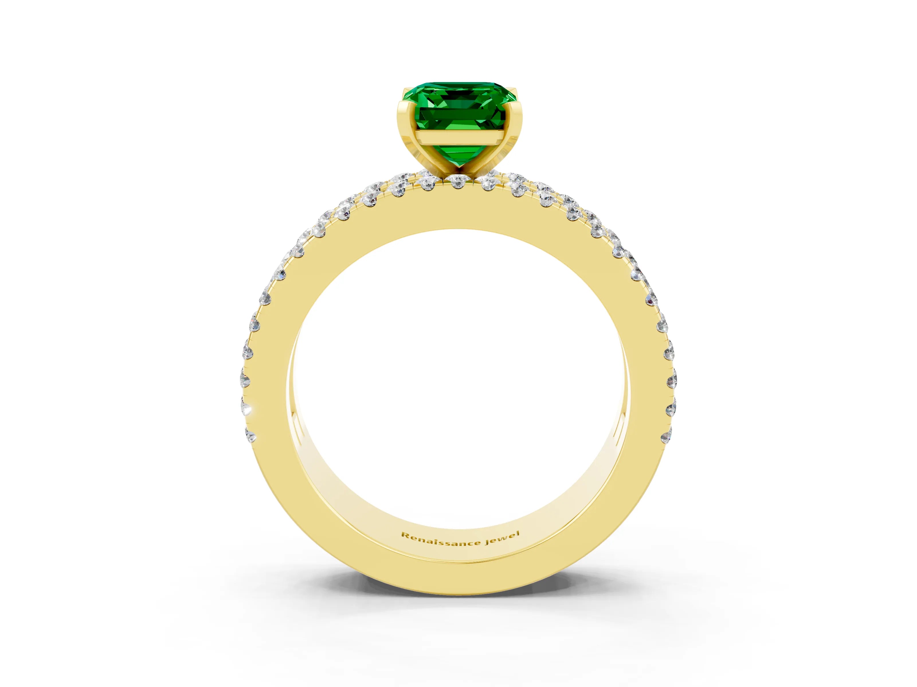 Yellow gold Emerald Cut Emerald Solitaire Ring with Pavé and Channel Set Band_3