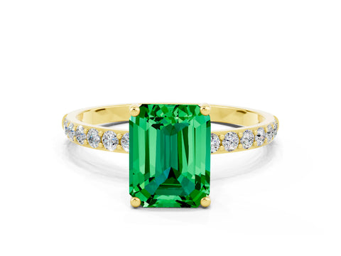Yellow gold Emerald Cut Emerald Solitaire Ring with Pave Band and Four Prong Setting_24