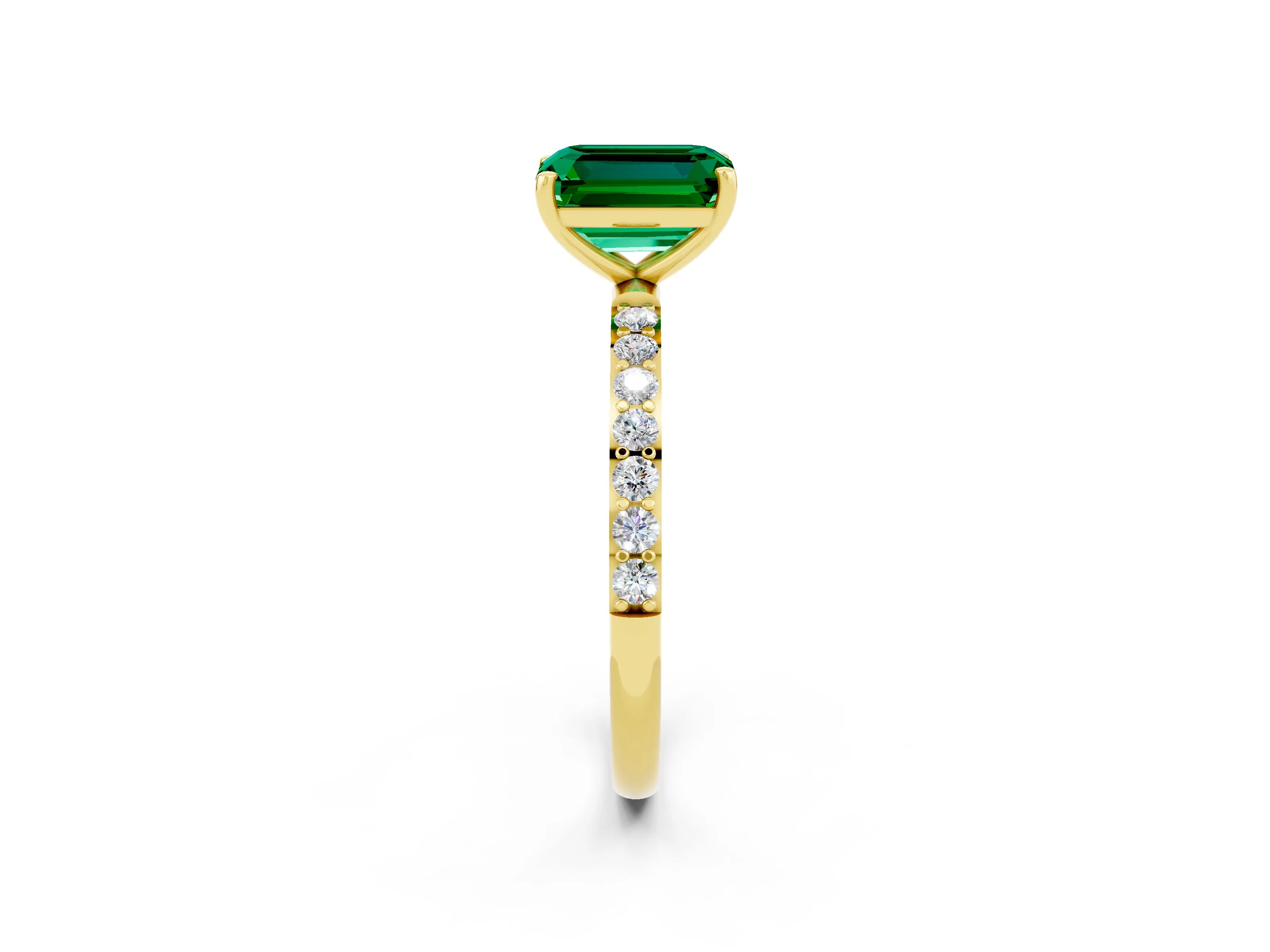 Yellow gold Emerald Cut Emerald Solitaire Ring with Pave Band and Four Prong Setting_26