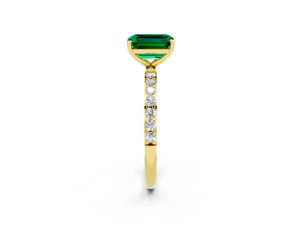 Yellow gold Emerald Cut Emerald Solitaire Ring with Round  Pavé Band and Prong Setting