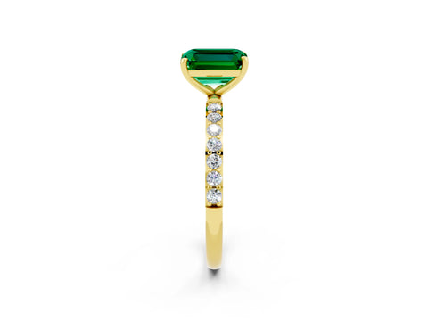 Yellow gold Emerald Cut Emerald Solitaire Ring with Pave Band and Four Prong Setting_26