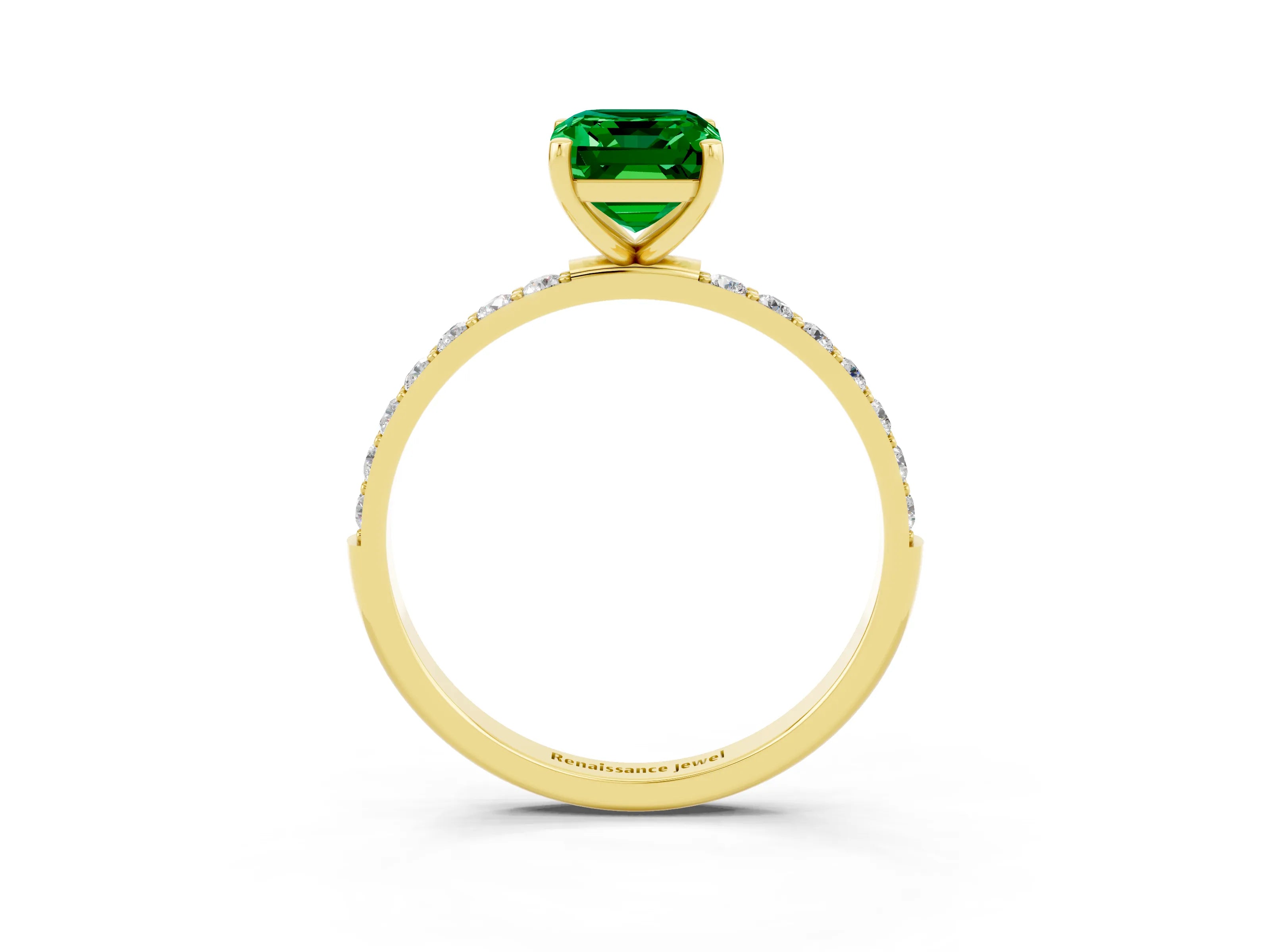 Yellow gold Emerald Cut Emerald Solitaire Ring with Pave Band and Four Prong Setting_27