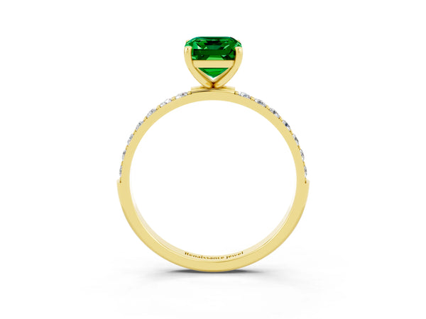 Yellow gold Emerald Cut Emerald Solitaire Ring with Round  Pavé Band and Prong Setting