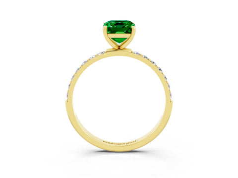 Yellow gold Emerald Cut Emerald Solitaire Ring with Pave Band and Four Prong Setting_27