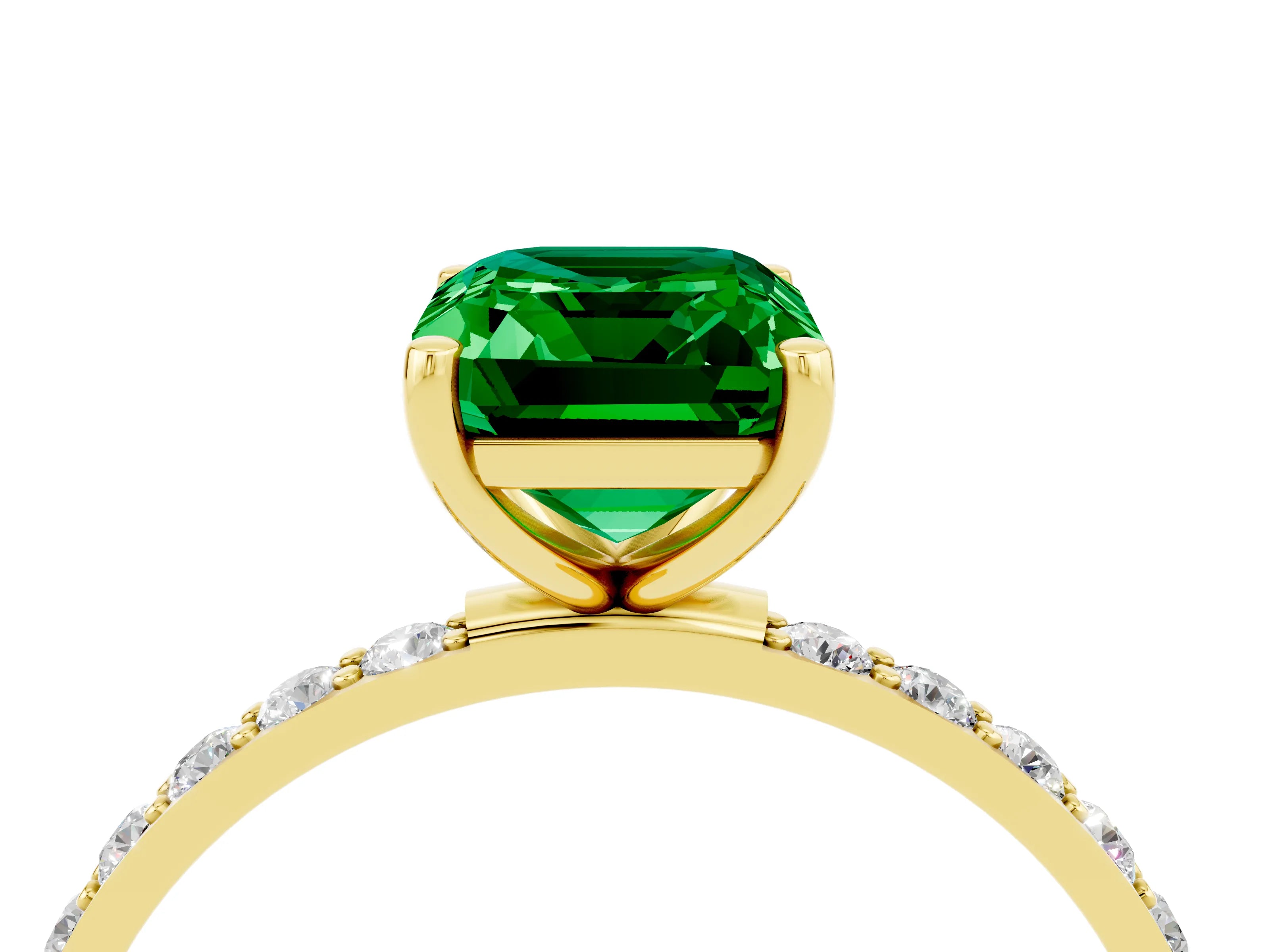 Yellow gold Emerald Cut Emerald Solitaire Ring with Pave Band and Four Prong Setting_28