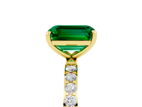Yellow gold Emerald Cut Emerald Solitaire Ring with Pave Band and Four Prong Setting_29