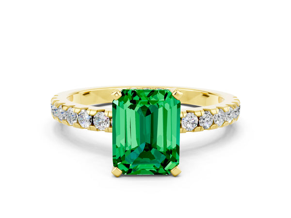 Yellow gold Emerald Cut Emerald Solitaire Ring with Round  Pavé Band and Four-Prong Setting
