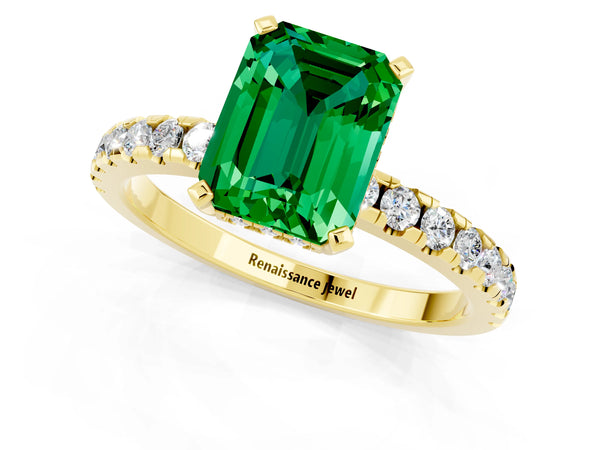 Yellow gold Emerald Cut Emerald Solitaire Ring with Round  Pavé Band and Four-Prong Setting