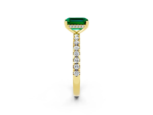 Yellow gold Emerald Cut Emerald Solitaire Ring with Round  Pavé Band and Four-Prong Setting