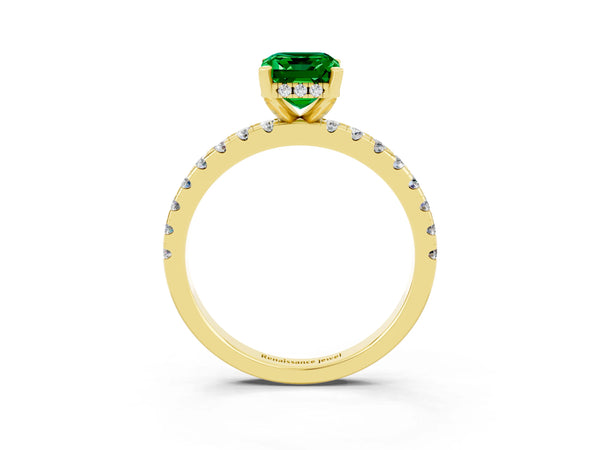 Yellow gold Emerald Cut Emerald Solitaire Ring with Round  Pavé Band and Four-Prong Setting