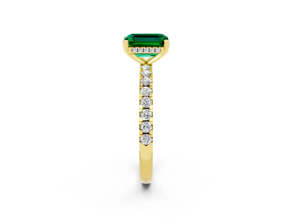 Yellow gold Emerald Cut Emerald Solitaire Ring with Round Pavé Band and Four-Prong Setting