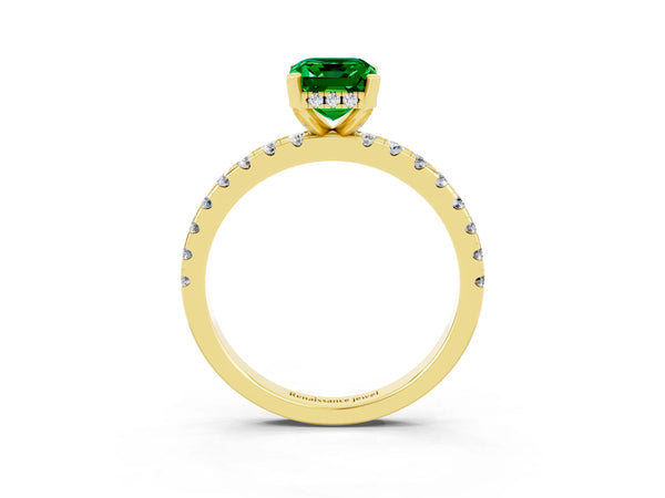 Yellow gold Emerald Cut Emerald Solitaire Ring with Round Pavé Band and Four-Prong Setting