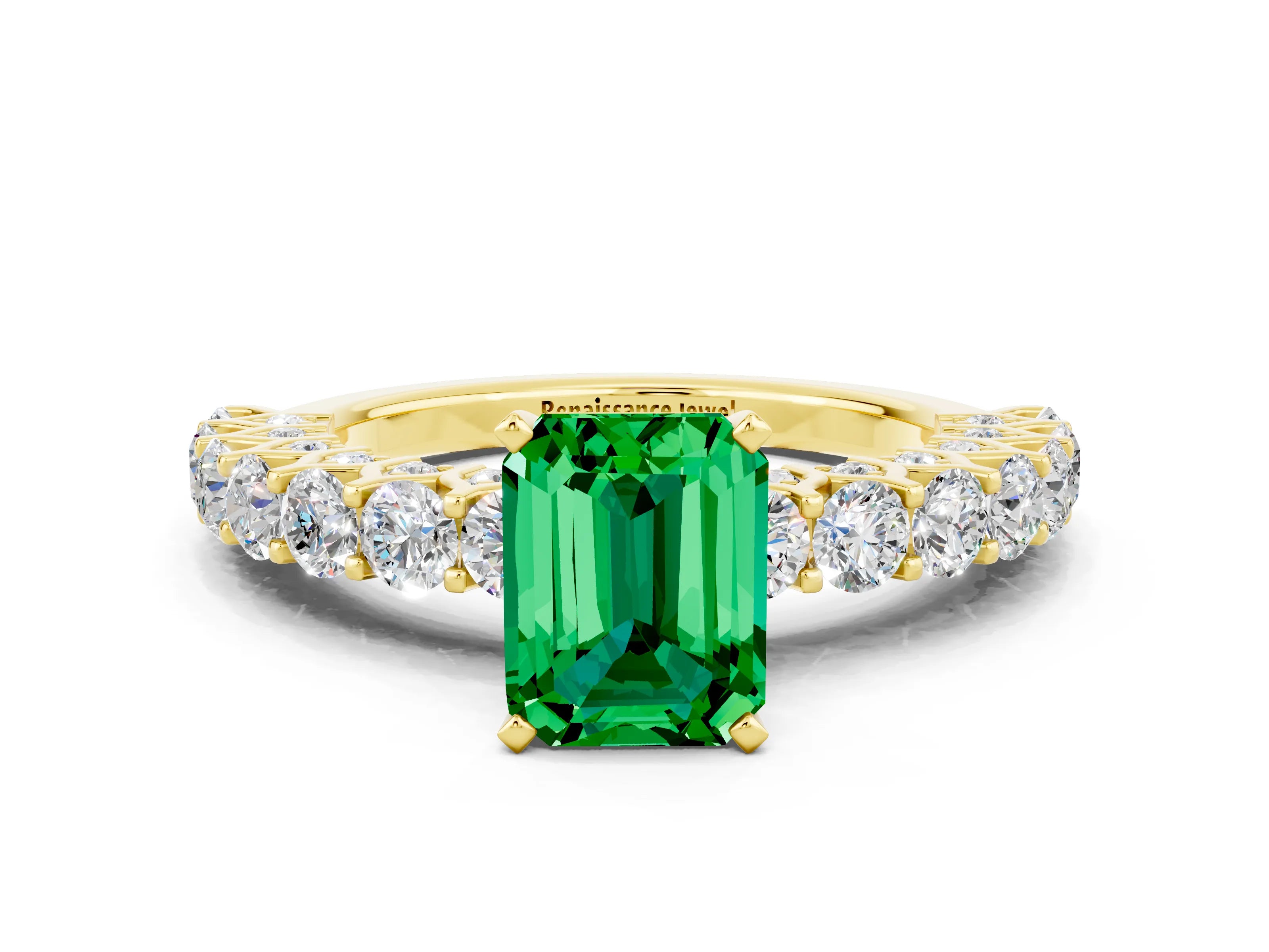 Yellow gold Emerald Cut Emerald Solitaire Ring with Shared Prong Pavé Band and Four-Prong Setting