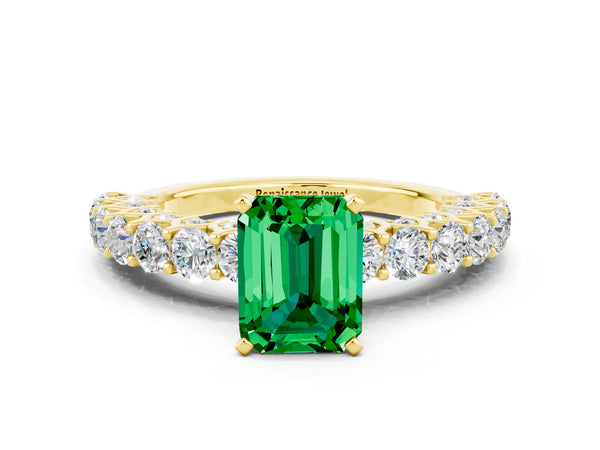 Yellow gold Emerald Cut Emerald Solitaire Ring with Shared Prong Pavé Band and Four-Prong Setting