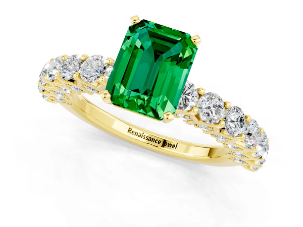 Yellow gold Emerald Cut Emerald Solitaire Ring with Shared Prong Pavé Band and Four-Prong Setting