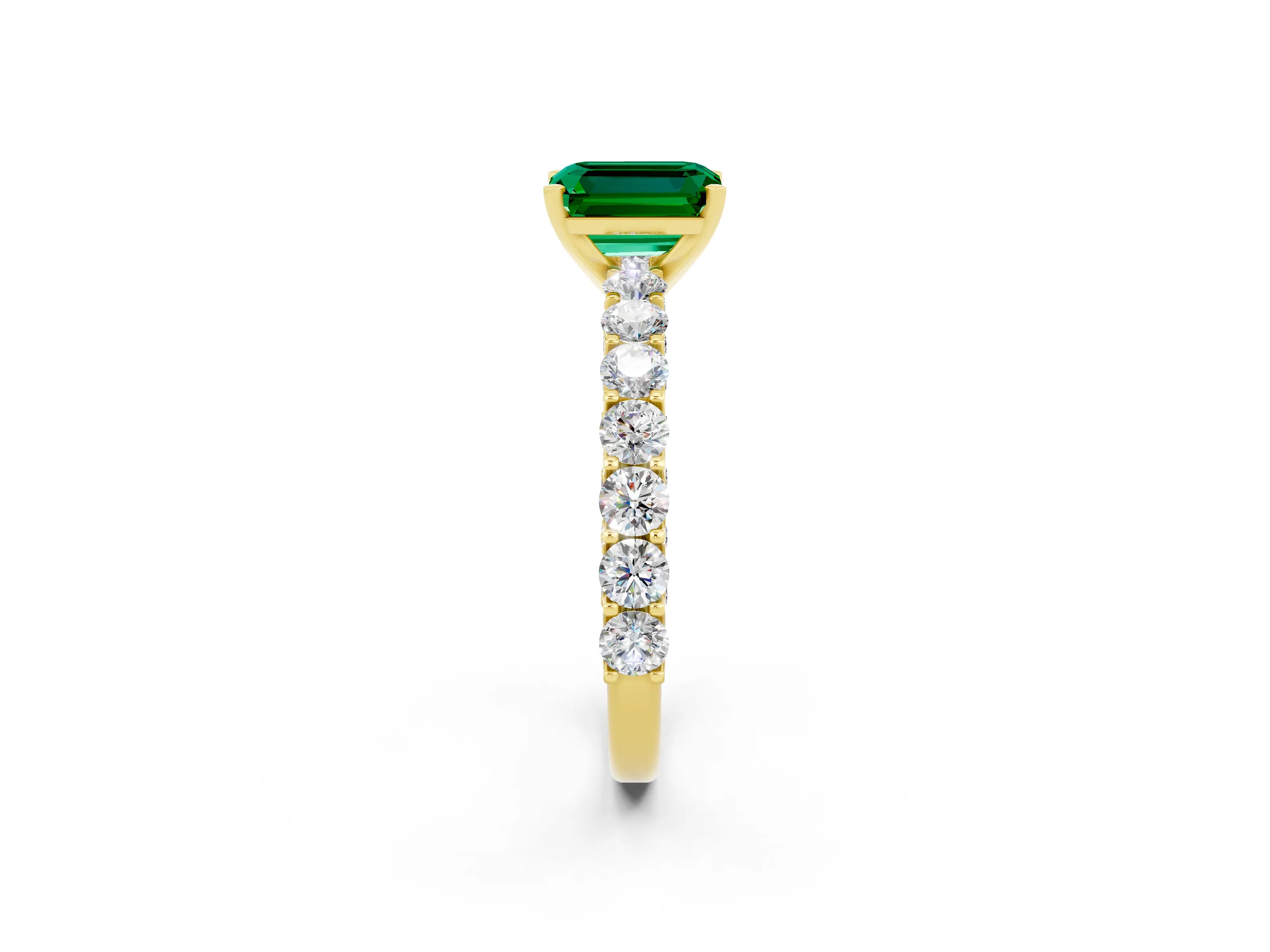 Yellow gold Emerald Cut Emerald Solitaire Ring with Shared Prong Pavé Band and Four-Prong Setting_2