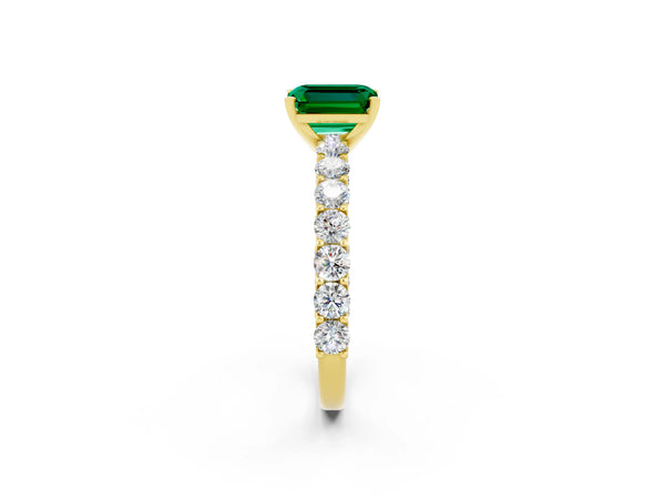 Yellow gold Emerald Cut Emerald Solitaire Ring with Shared Prong Pavé Band and Four-Prong Setting