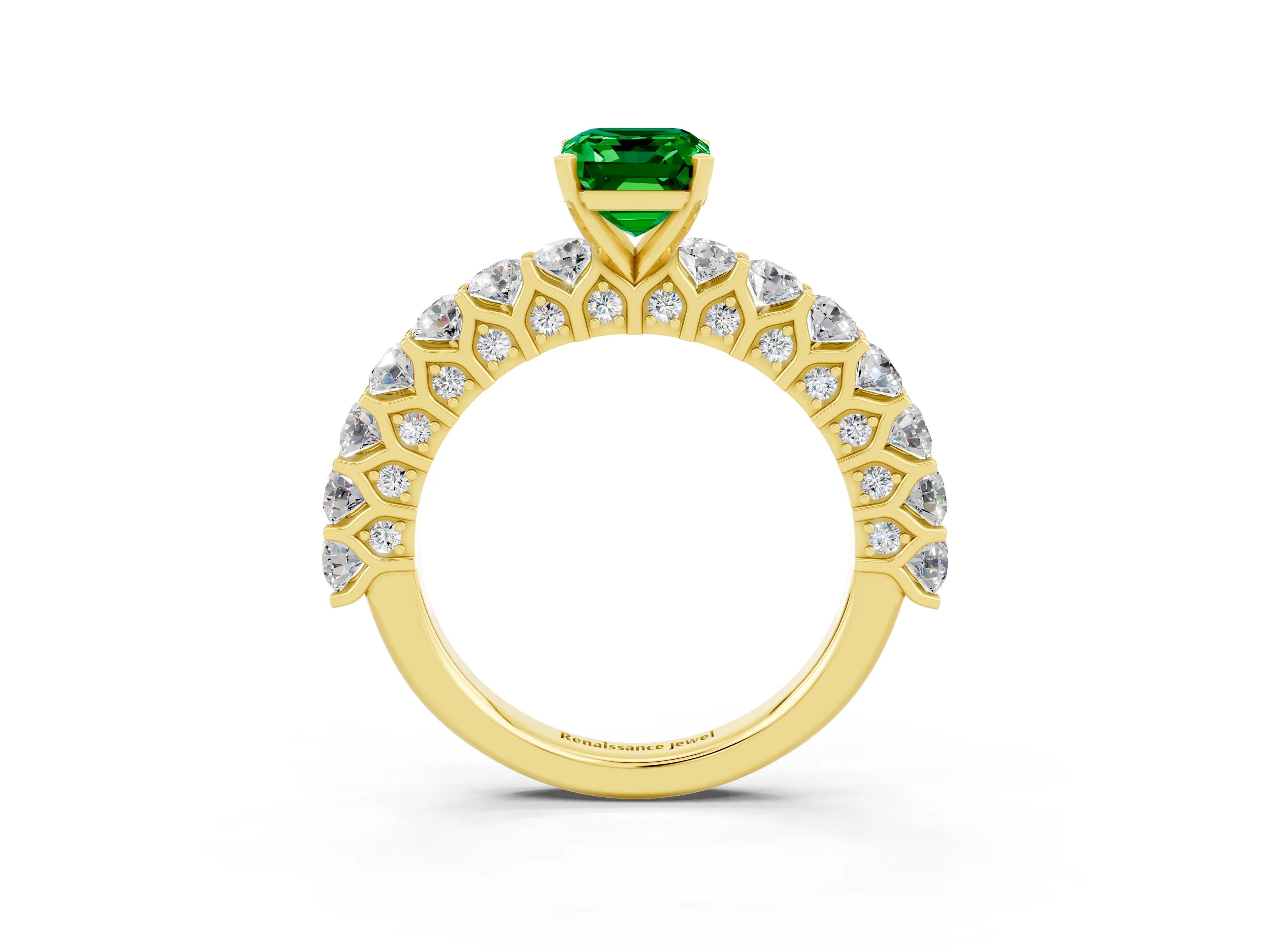 Yellow gold Emerald Cut Emerald Solitaire Ring with Shared Prong Pavé Band and Four-Prong Setting_3