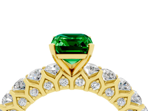 Yellow gold Emerald Cut Emerald Solitaire Ring with Shared Prong Pavé Band and Four-Prong Setting_4