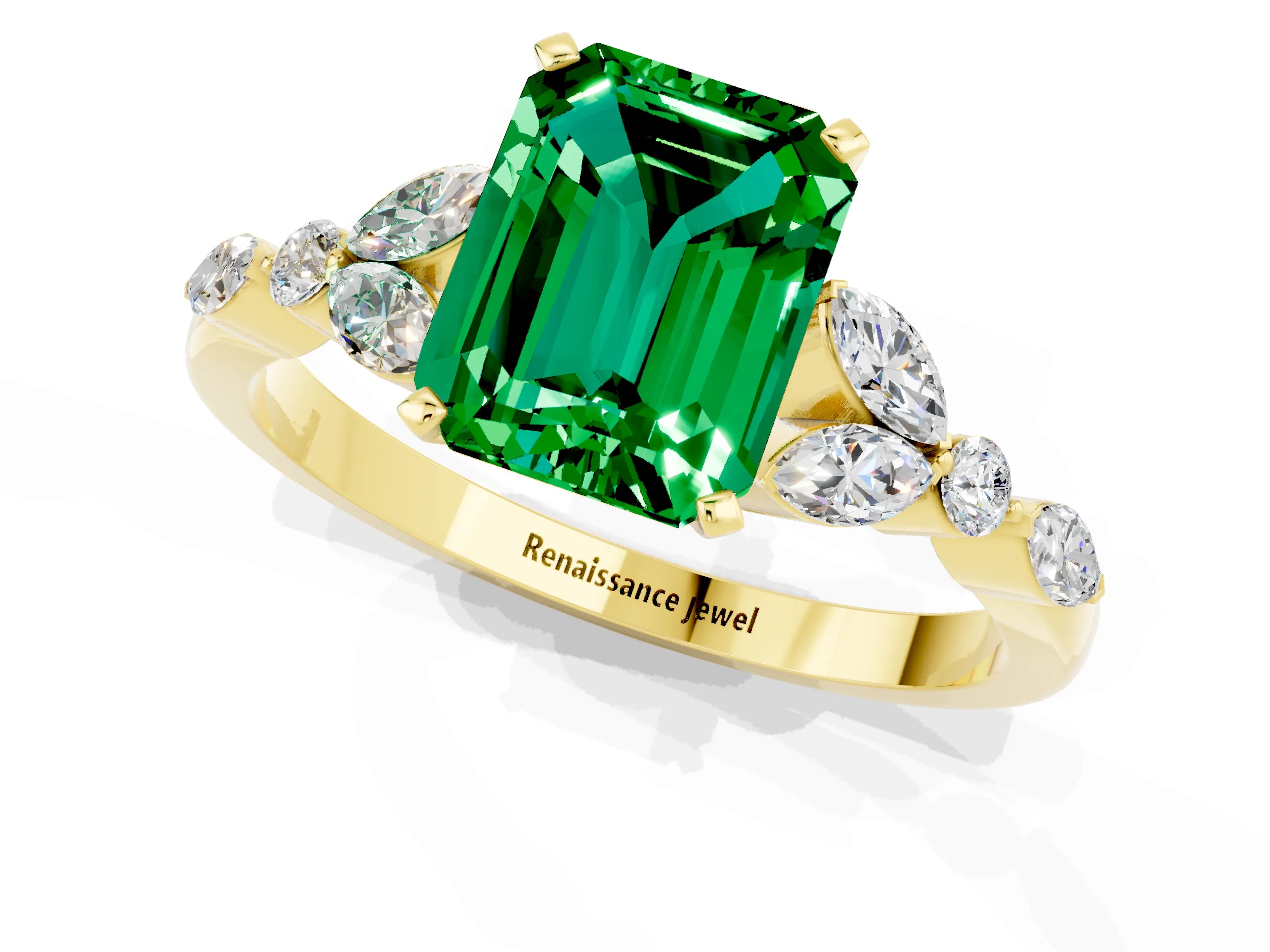 Yellow gold Emerald Cut Emerald Solitaire Ring with Side Stones and Four-Prong Setting_13