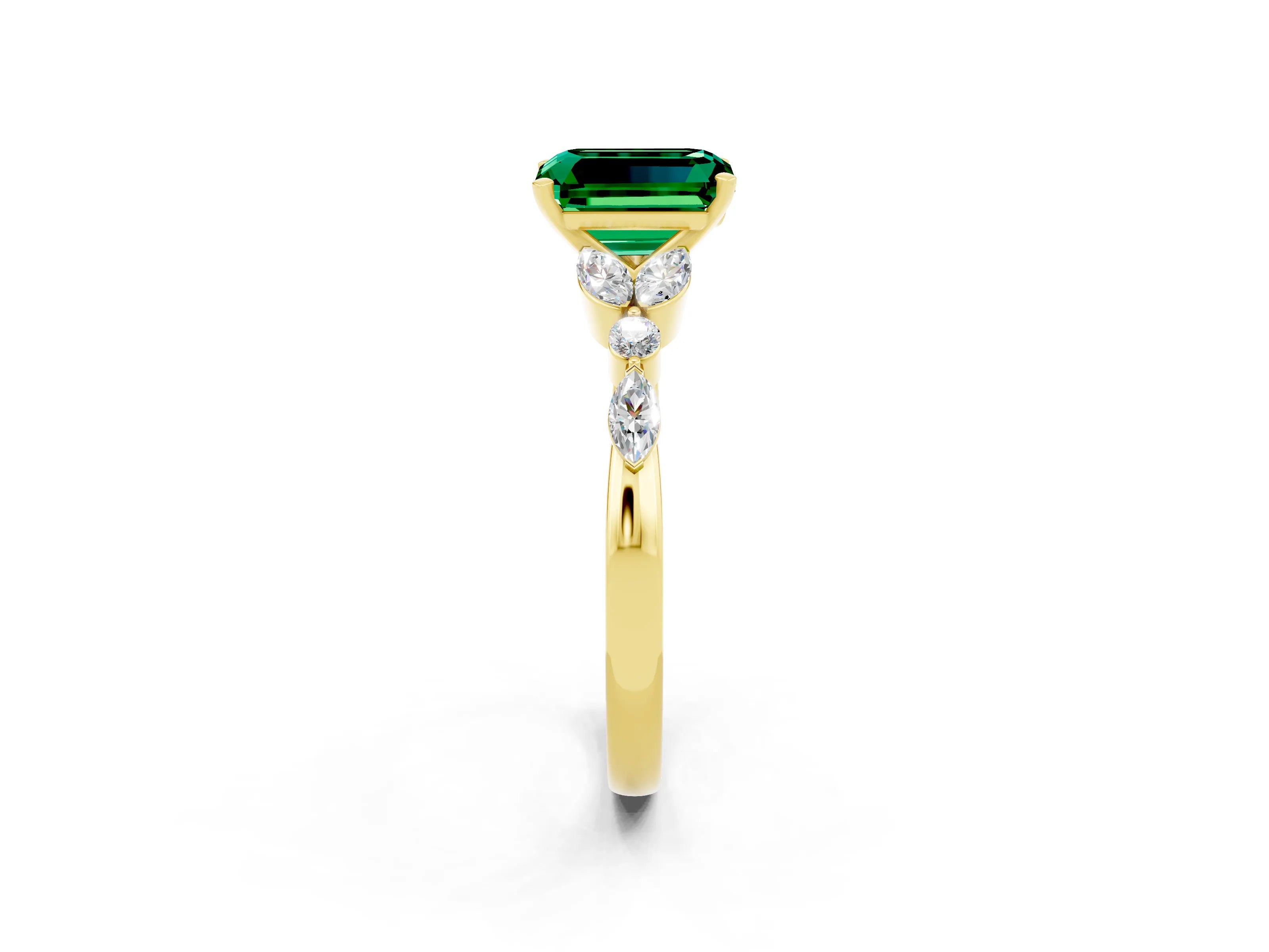 Yellow gold Emerald Cut Emerald Solitaire Ring with Side Stones and Four-Prong Setting_14