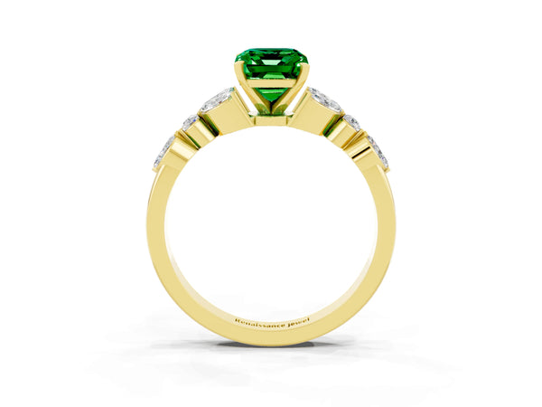 Yellow gold Emerald Cut Emerald Solitaire Ring with Side Stones and Four-Prong Setting